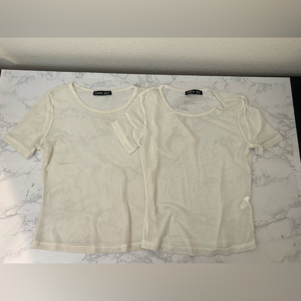Shein Women Sz PM Petite Sleeve Crew Neck Sheet Top White Pullover Lot Of 2